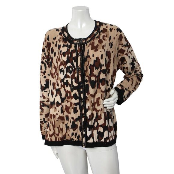Escada Cashmere Wool Cardigan Sweater Leopard Animal Print Tan Brown READ - Picture 1 of 10